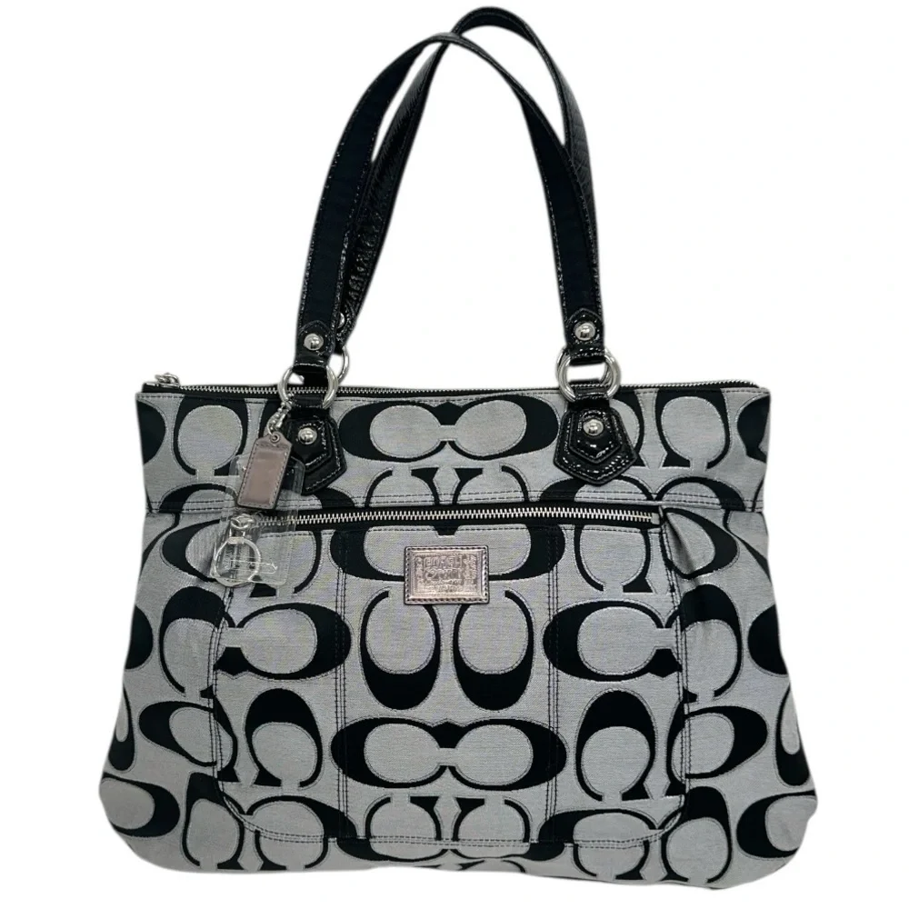 Coach Poppy Signature Glam Tote Gray Black Op Art Canvas Shoulder Bag NWOT $498